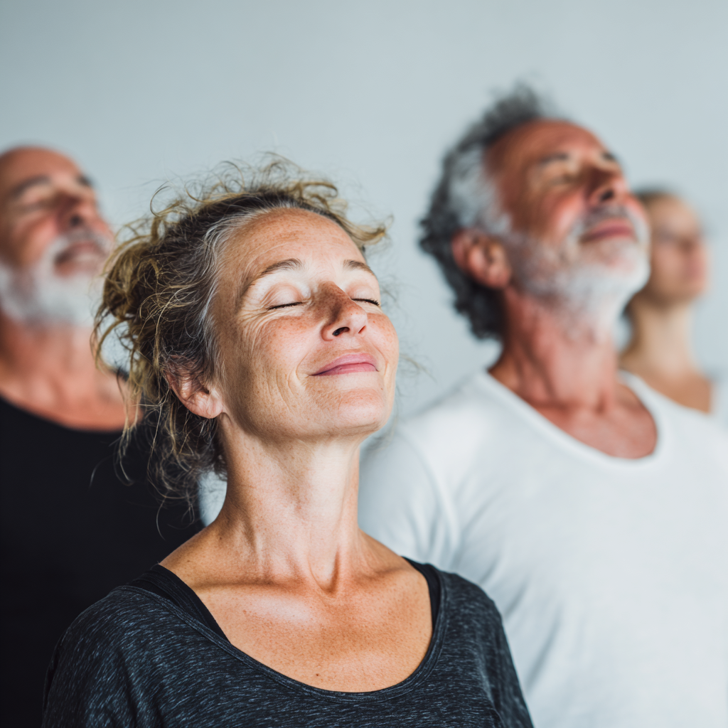 Középkorú magyar emberek helyes testtartással végeznek jóga gyakorlatokat szabadtéren