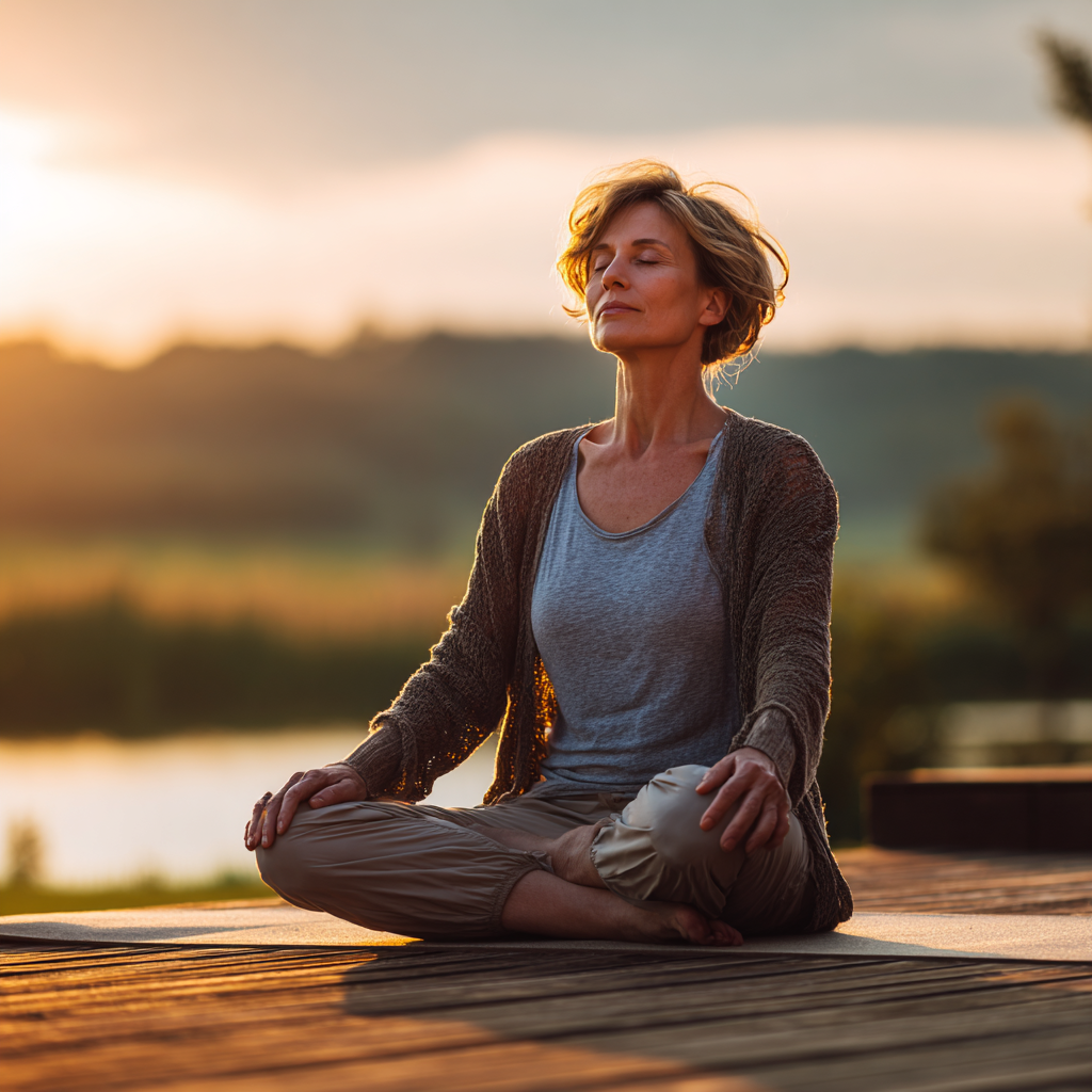 Különböző korú magyar emberek együtt meditálnak természetes környezetben békés arckifejezéssel